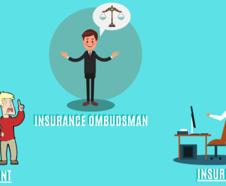 Illustration of an insurance ombudsman mediating between a claimant and an insurer.