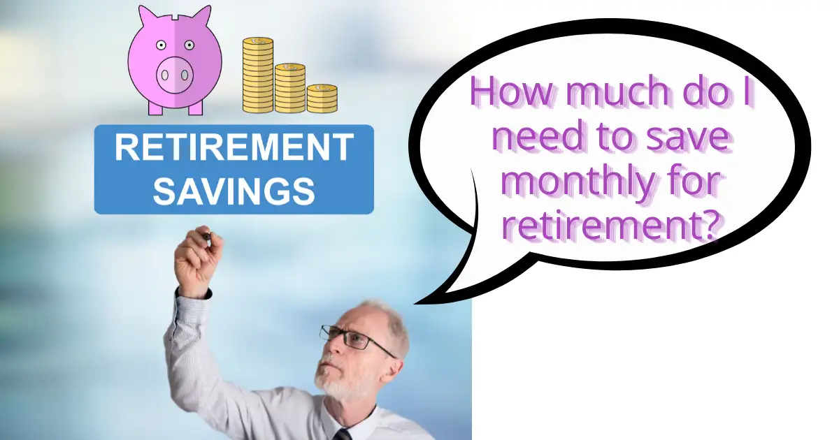 Man pondering retirement savings with graphics of piggy bank, coins, and a speech bubble question.