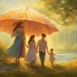 A family of four walking under a large umbrella on a sunlit, forested path with flowers.