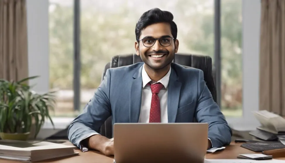 A smiling man in a suit sitting at a desk with a laptop, in a well-lit office.