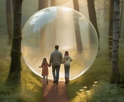 A family protected by a symbolic shield bubble walks through a sunrise-lit, misty forest, embodying security.