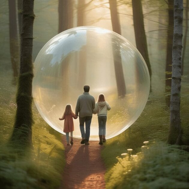 A family protected by a symbolic shield bubble walks through a sunrise-lit, misty forest, embodying security.